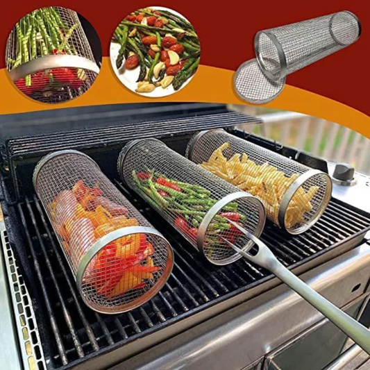 Stainless Steel Round Rolling BBQ Grill Basket - SmartDzone