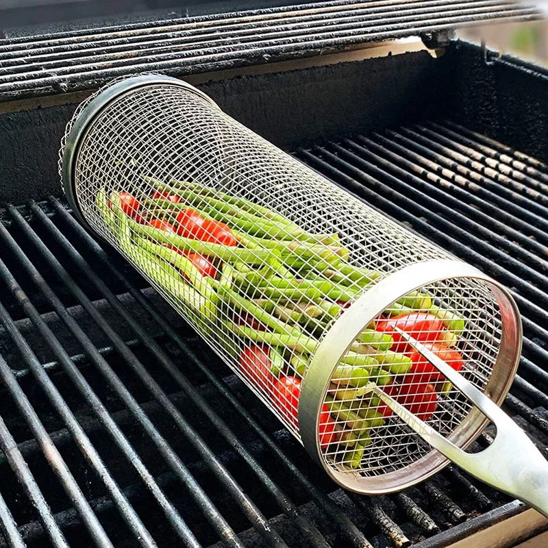 Stainless Steel Round Rolling BBQ Grill Basket - SmartDzone