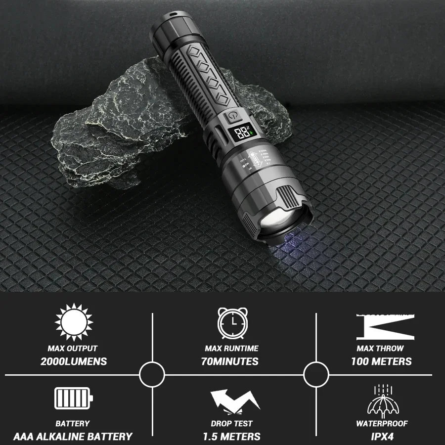 Ultra-Bright 2000LM LED Rechargeable Flashlight with Power Display - SmartDzone