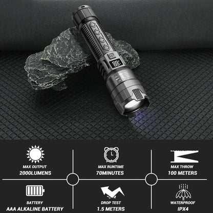 Ultra-Bright 2000LM LED Rechargeable Flashlight with Power Display - SmartDzone