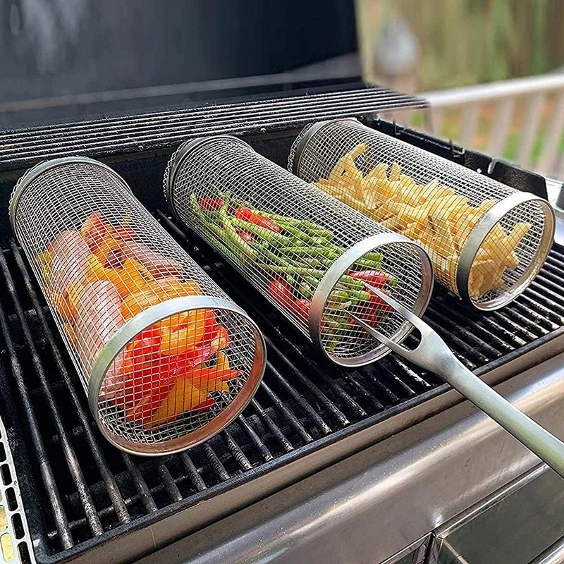 Stainless Steel Round Rolling BBQ Grill Basket - SmartDzone