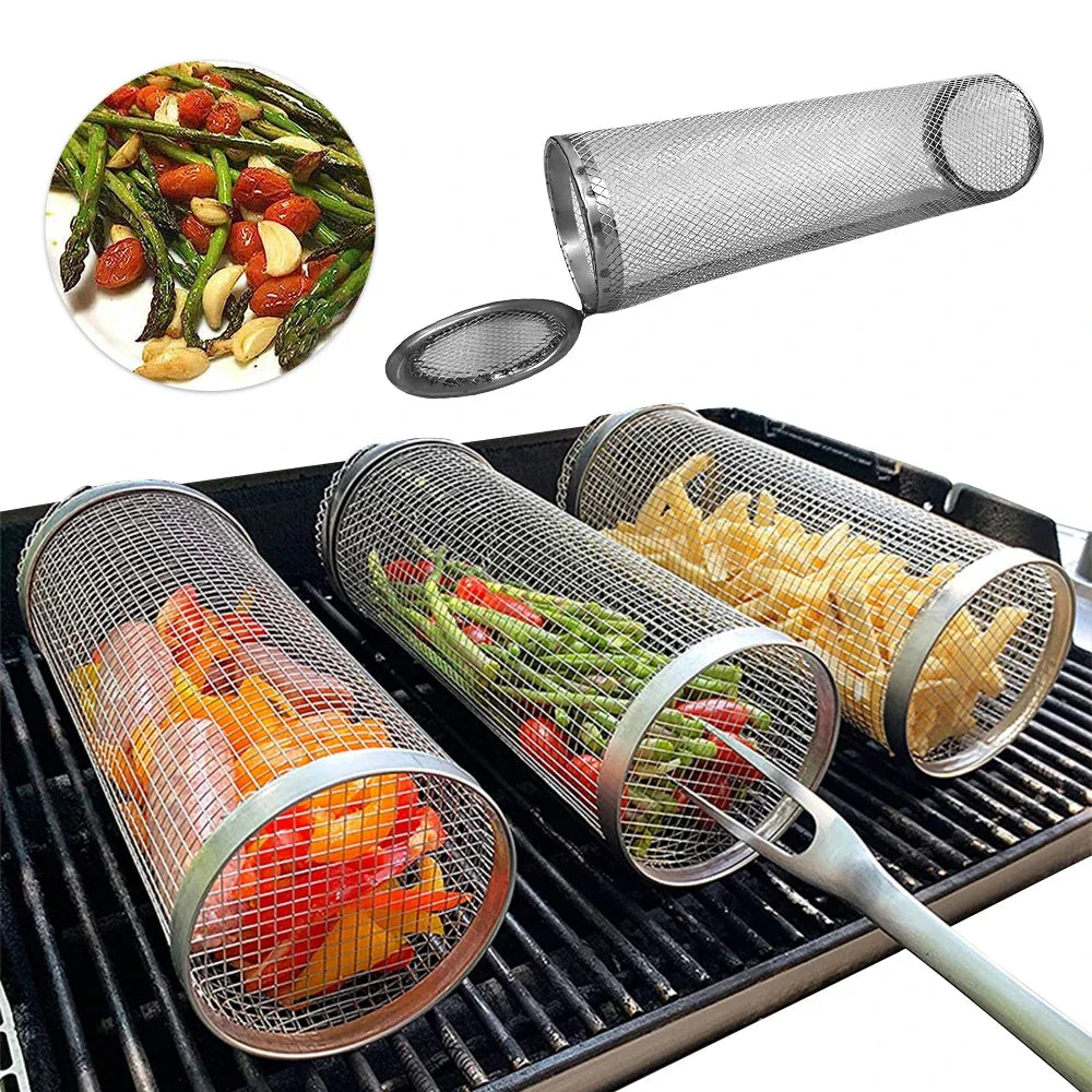 Stainless Steel Round Rolling BBQ Grill Basket - SmartDzone